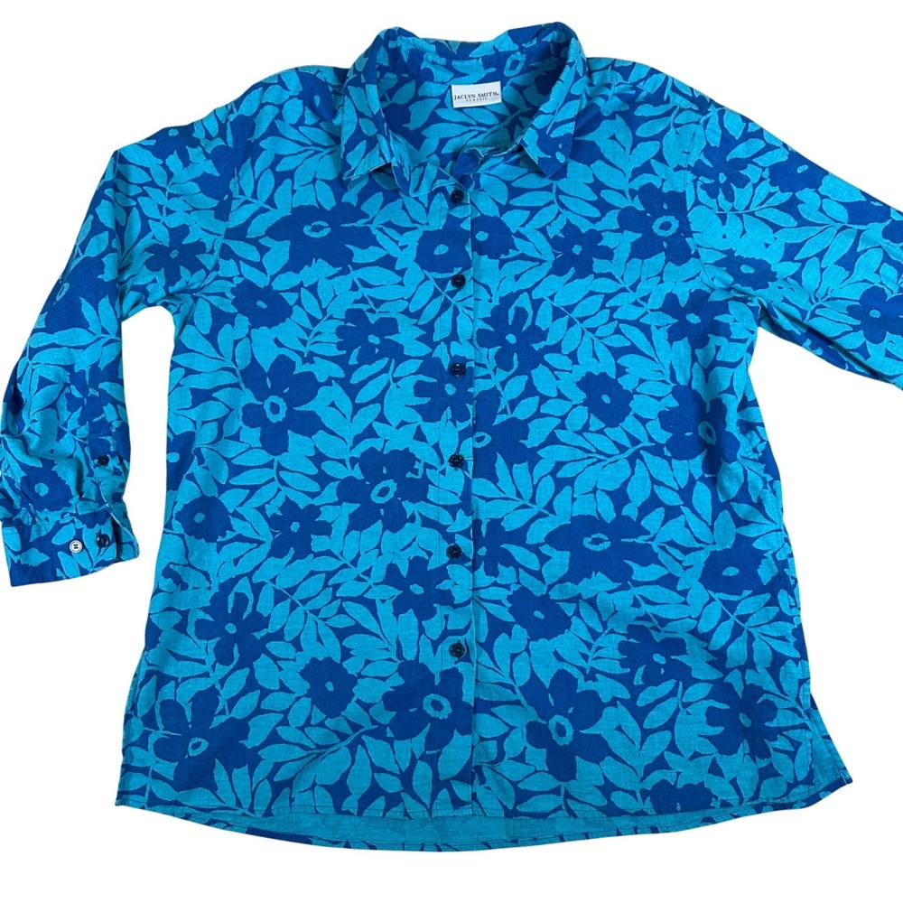 Jaclyn Smith Plus Blue Floral Coastal Beachy Button Down Shirt‎ linen vacation